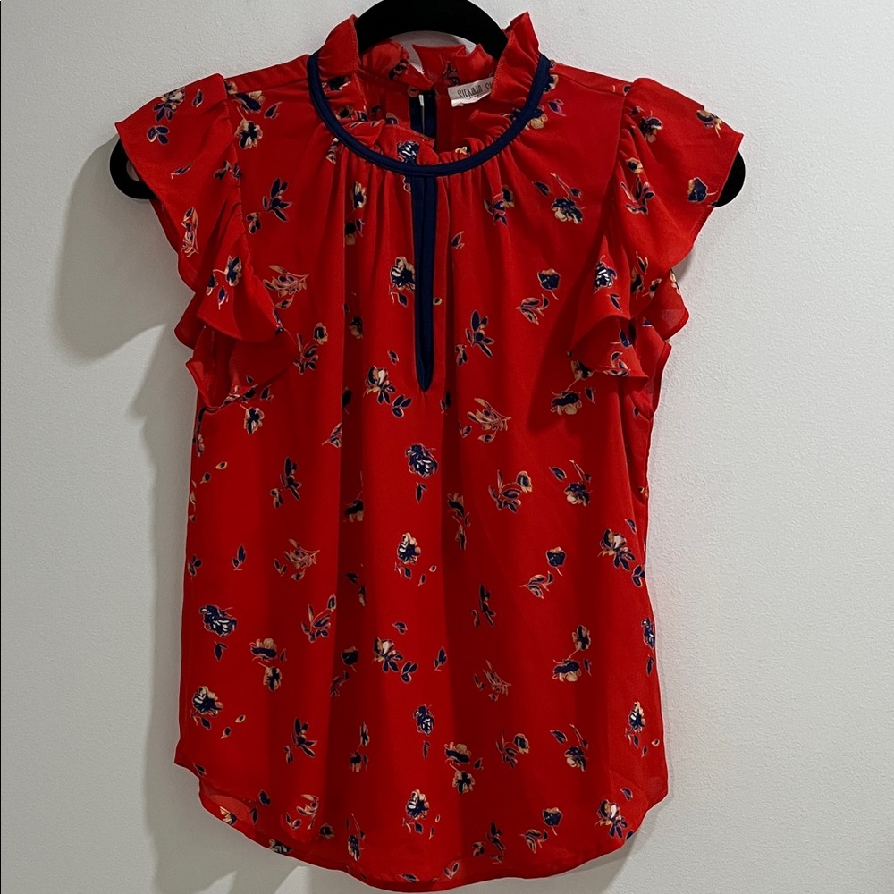 Floral Blouse XS Red Blue Flutter Sleeve Collar Flowy Romantic Boho chic Summer